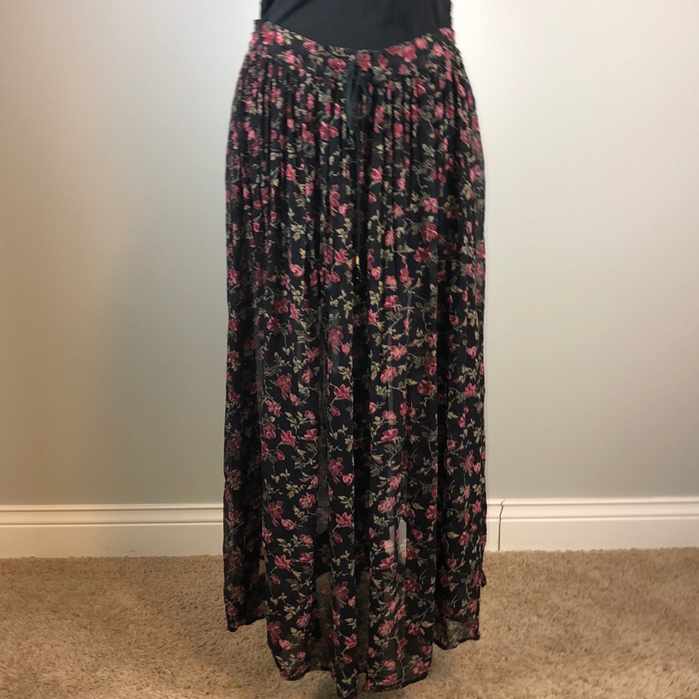 Floral Print Sheer Skirt Drawstring-M